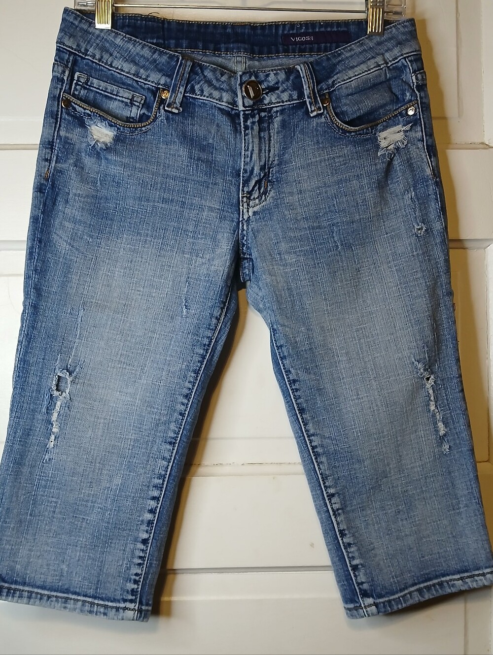 Vigoss Capri Jeans Womens Size 7 Distressed Crop Denim Stretch Blue